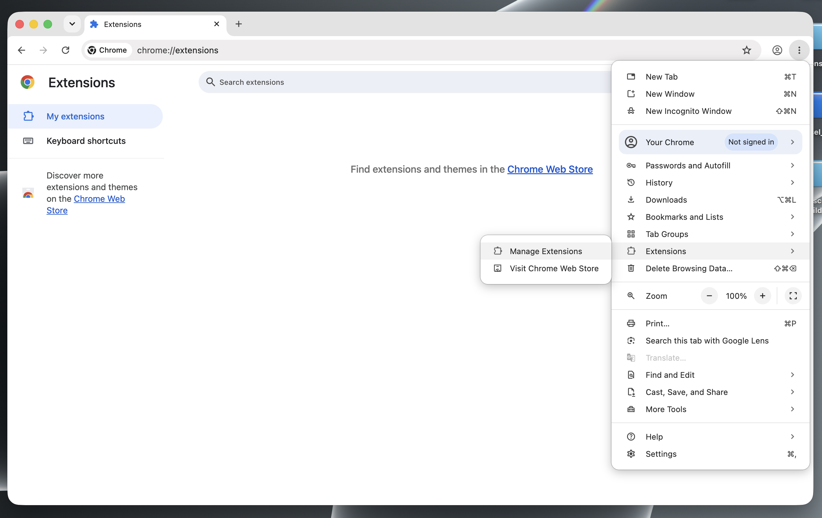 Open the three-dot menu, choose Extensions, then Manage Extensions.