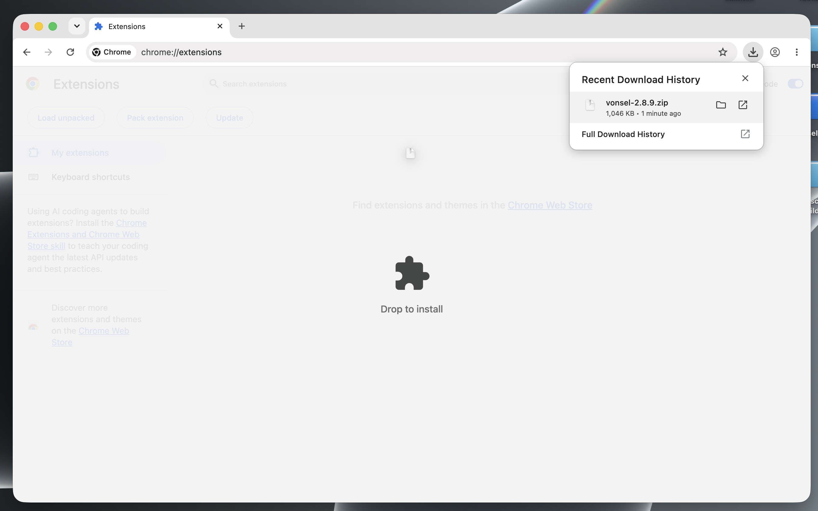 Open Downloads and drag the Vonsel ZIP into the extensions page.