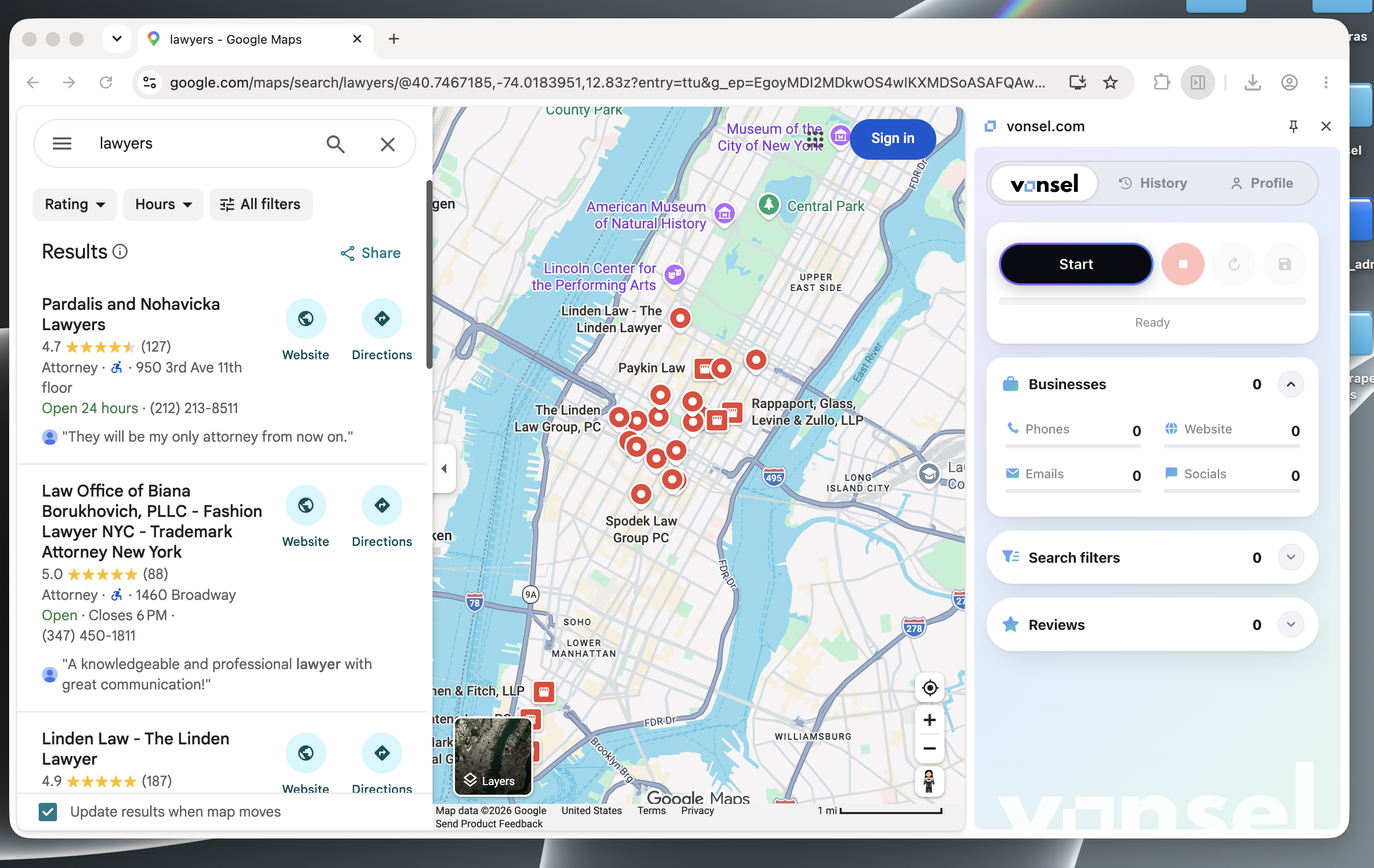 Search for businesses, enable Update results when map moves, then click Start.